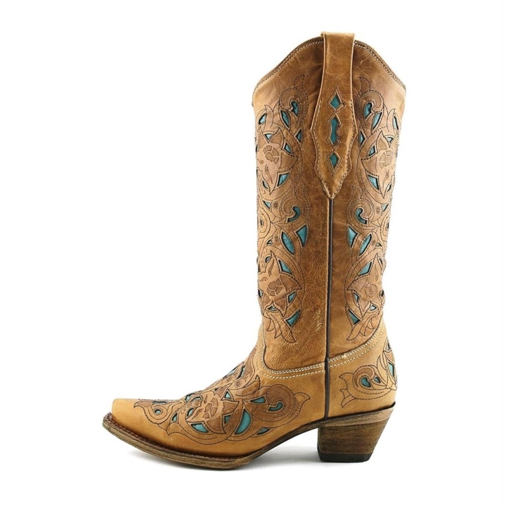 Women's Tan Western Embroidered Leather Cowboy Boots with Teal Accents